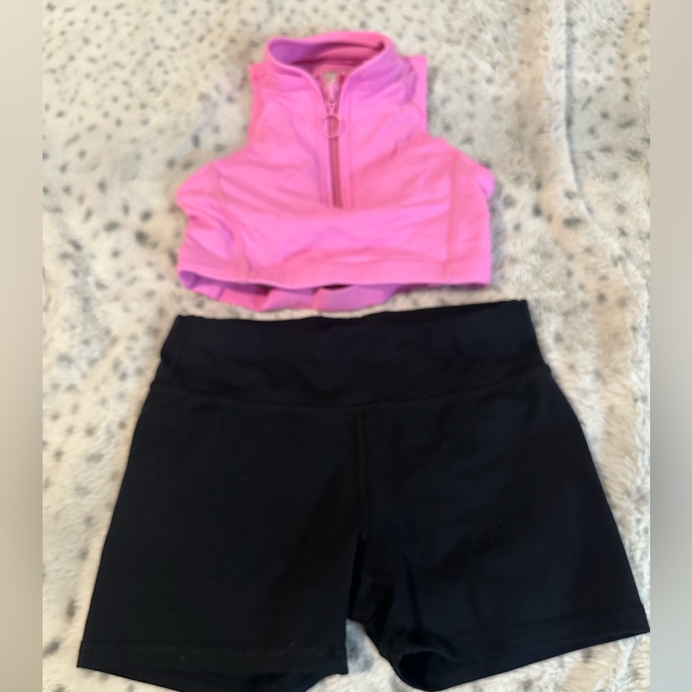 Girls Pink Zip-Up Sports Top and Black Shorts Set